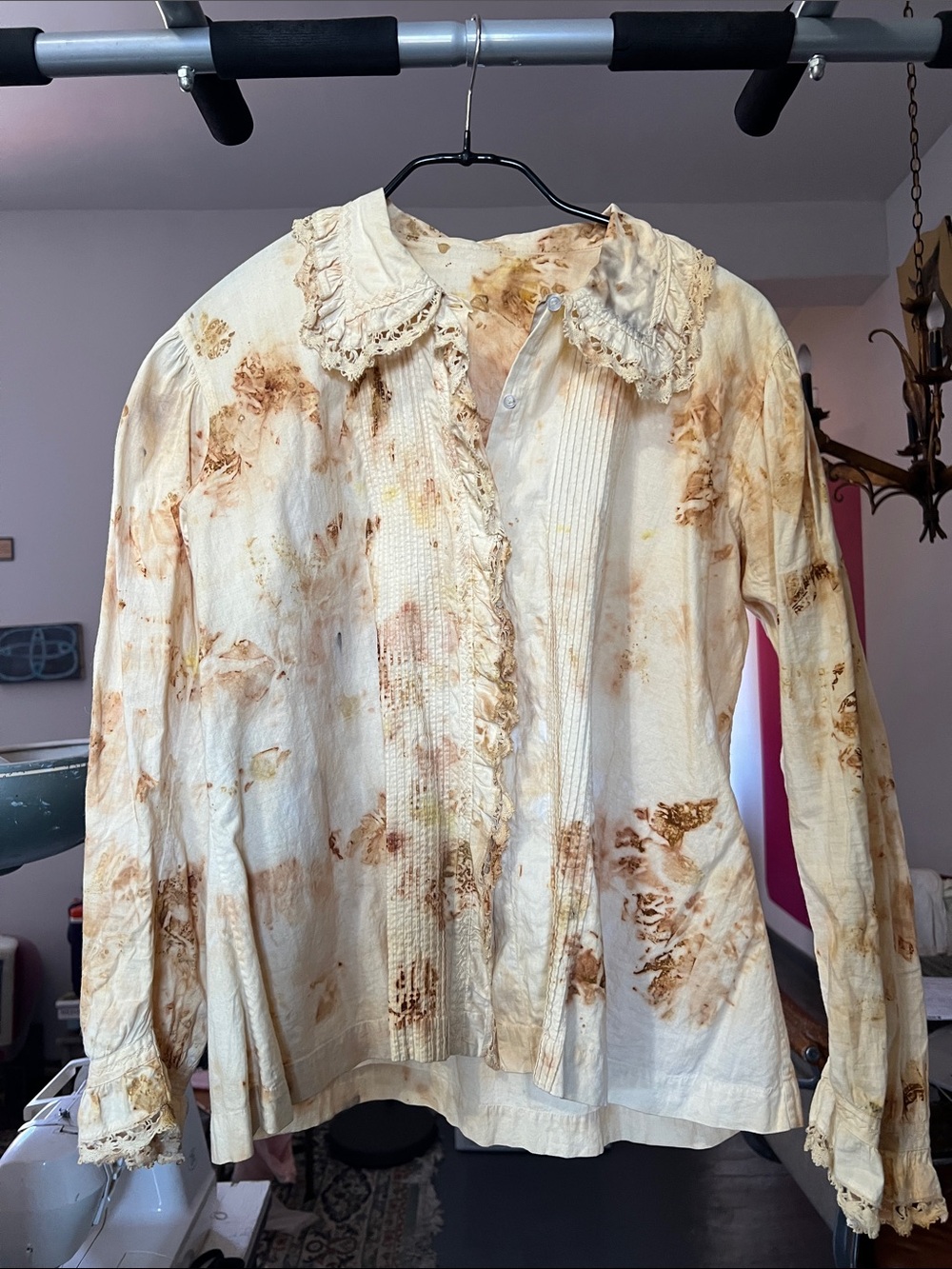 One of a Kind Vintage Cream Blouse worth Hand and Unusual Dye Process Used.